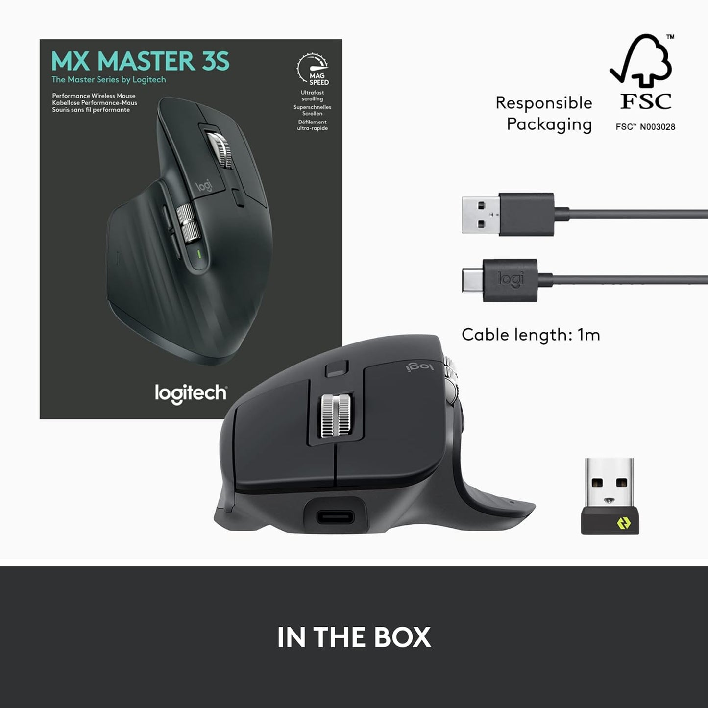 OPEN BOX Logitech MX Master 3S - Wireless Performance Mouse with Ultra-Fast Scrolling, Ergo, 8K DPI, Track on Glass, Quiet Clicks, USB-C, Bluetooth -Graphite