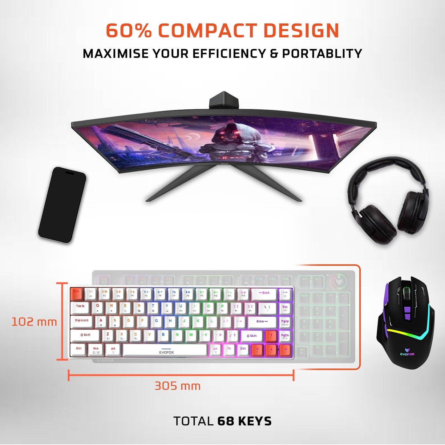 OPEN BOX EvoFox Katana S Mini Wireless Mechanical Keyboard | Tri-Mode (3X BT, 2.4GHz & Wired) Connectivity | Hot-Swappable Red Switches | 68-Key Compact Layout | Rainbow Backlight | Rechargeable Battery