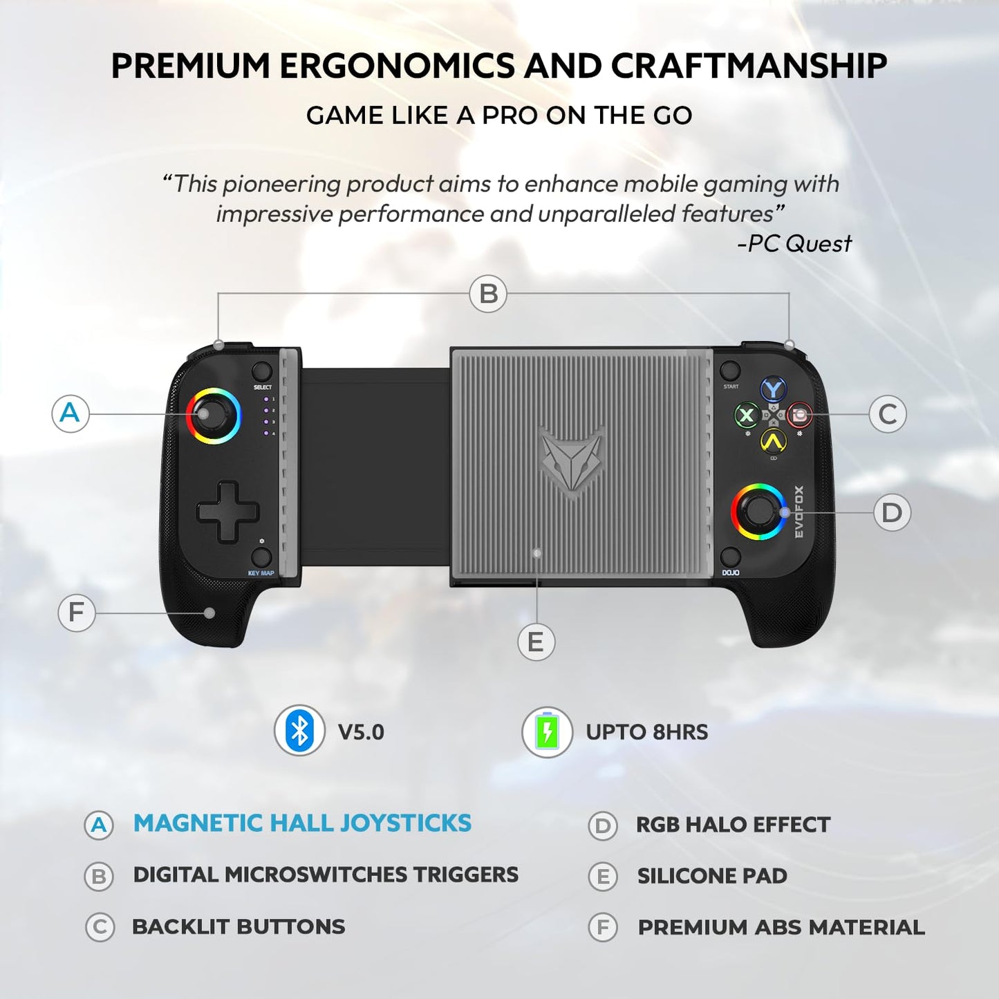 OPEN BOX EvoFox Deck Smartphone Gamepad with iPhone/Android, XBOX, HID & Keymap mode for Android | Bluetooth v5.0 | Dual Vibration motors | Magnetic Hall 3D Joysticks | RGB Lighting and Backlit Controls