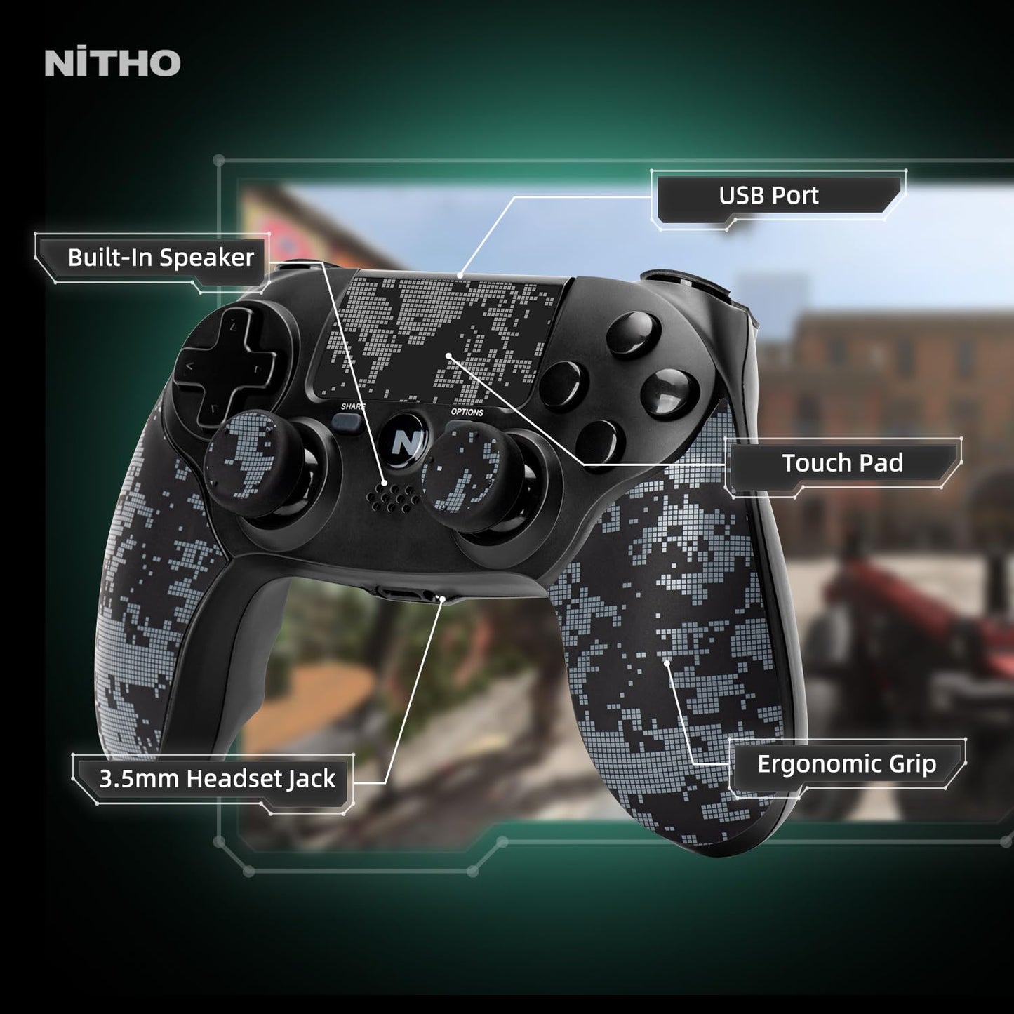 OPEN BOX Nitho ADONIS Wireless Controller for PS4, PC, iOS & Android, PS5 (with PS4 Games Only), Gamepad Joystick with Dual Vibration | 6-Axis Motion Sensor | Touchpad | Built-in Speaker | 3.5 mm Jack - Camo