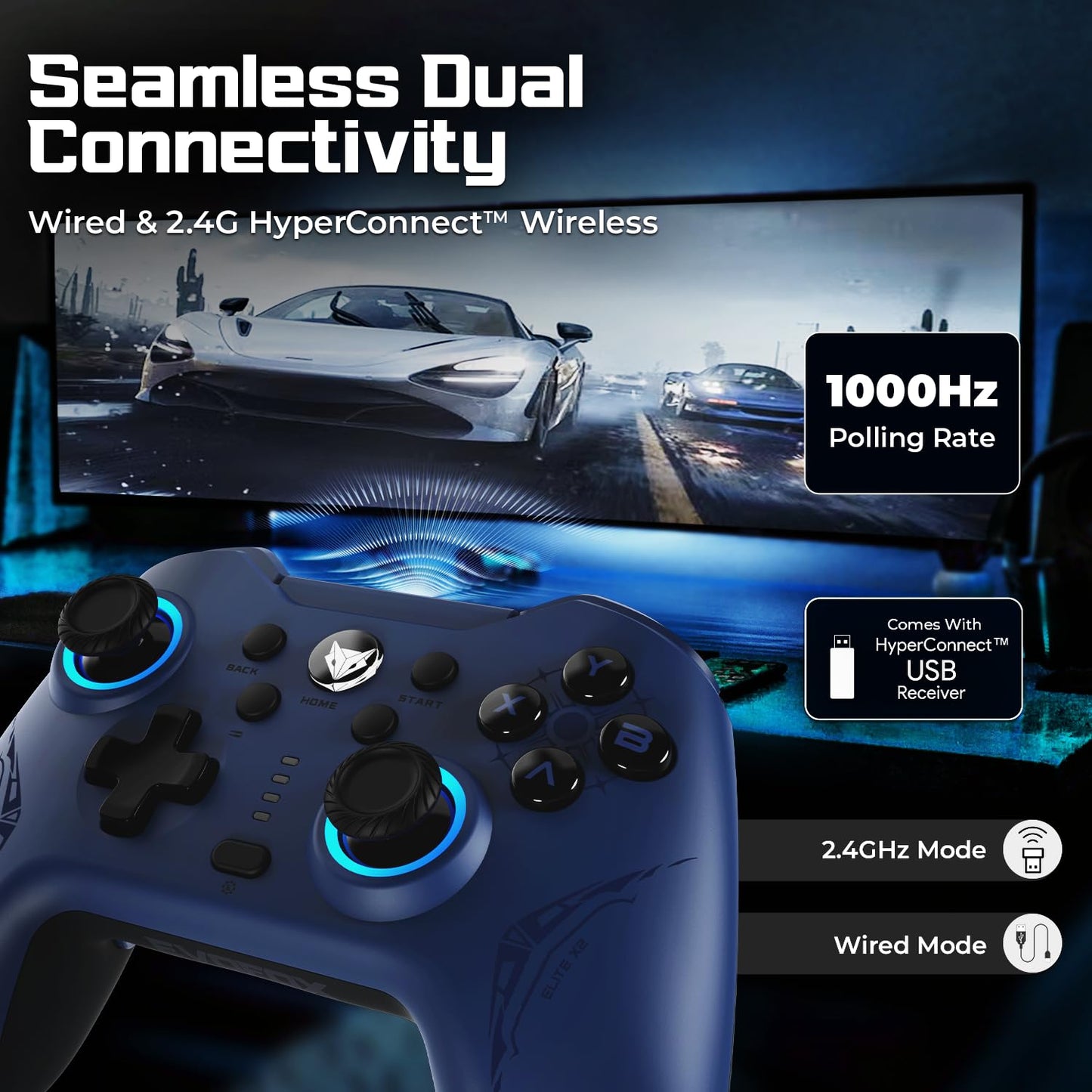 OPEN BOX EvoFox Elite X2 Wireless Gaming Controller For PC with 1000Hz Polling Rate, Dual-Mode (2.4G & Type C), Hallsense™ Magnetic Hall 3D Joysticks & Triggers, EZ Click Macros, Dual Vibration Motors(Blue)