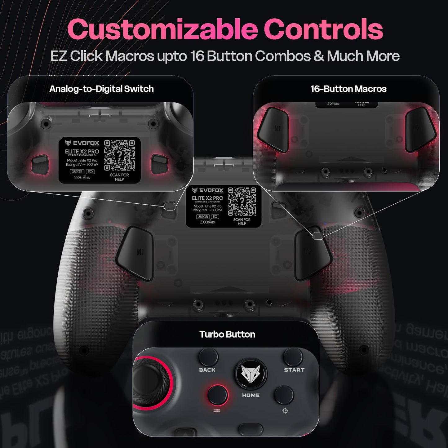 OPEN BOX EvoFox Elite X2 Pro Gaming Controller for PC, Tri-Mode 2.4G/BT/Wired Gamepad, HallSense Magnetic Triggers&Joysticks, 1000Hz Polling, RGB, Replaceable JoySticks,Turbo Mode, 16h Battery(Black