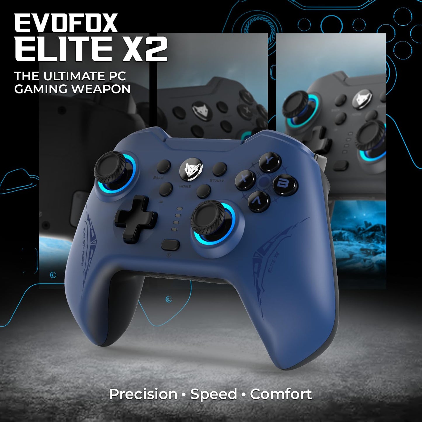 OPEN BOX EvoFox Elite X2 Wireless Gaming Controller For PC with 1000Hz Polling Rate, Dual-Mode (2.4G & Type C), Hallsense™ Magnetic Hall 3D Joysticks & Triggers, EZ Click Macros, Dual Vibration Motors(Blue)