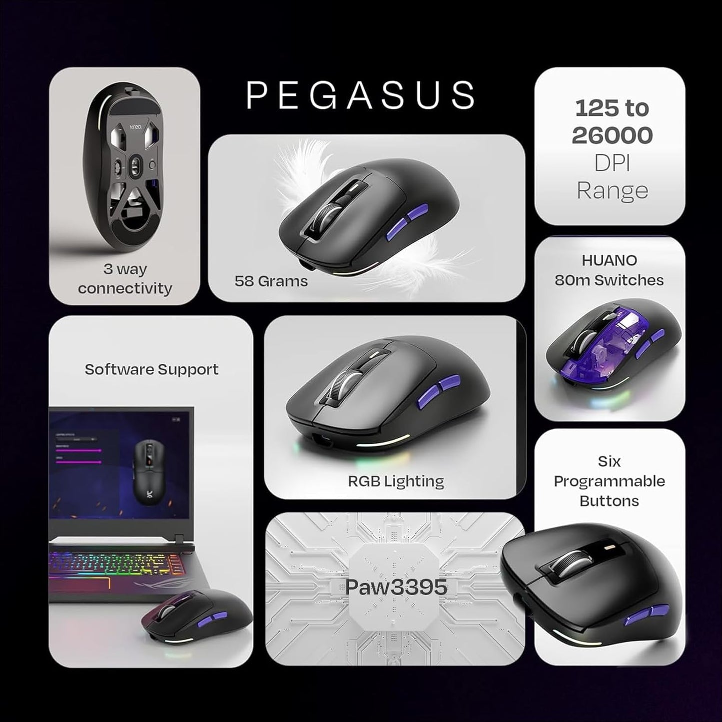 OPEN BOX Kreo Pegasus 58 GMS Ultra Lightweight Wireless Gaming Mouse, Top PixArt Sensor, 6 Programmable Buttons, Bluetooth, 2.4GHz Connectivity Gaming Mouse, DPI Upto 26000