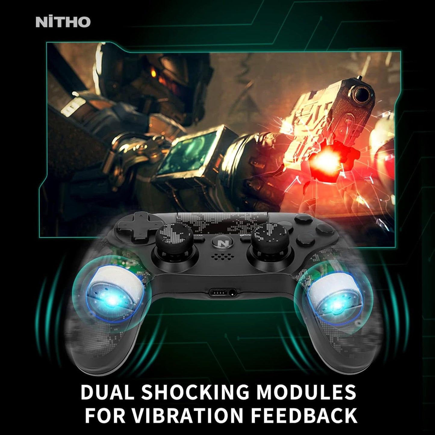 OPEN BOX Nitho ADONIS Wireless Controller for PS4, PC, iOS & Android, PS5 (with PS4 Games Only), Gamepad Joystick with Dual Vibration | 6-Axis Motion Sensor | Touchpad | Built-in Speaker | 3.5 mm Jack - Camo