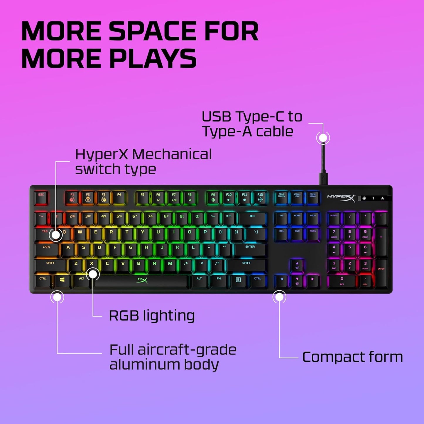 OPEN BOX HyperX Alloy Origins Mechanical USB Gaming Keyboard Software-Controlled Light and Macro Customization, Compact Form Factor, Clicky Switch, Blue, RGB LED Backlit, Black