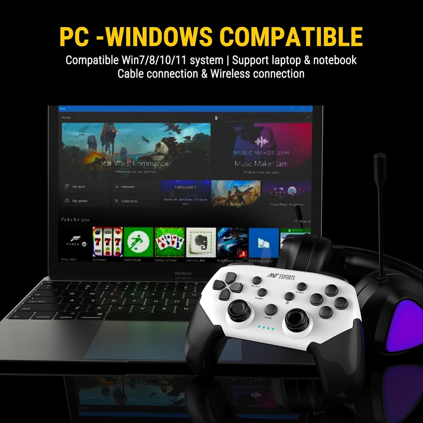 OPEN BOX Ant Esports GP320 Wireless Gamepad/Android/Windows PC/IOS/Switch / PS4 / PS3, Bluetooth Game Pad/Vibration Motors/Turbo Function – Black White