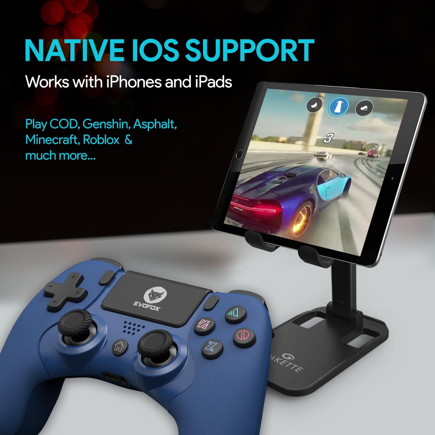 OPEN BOX EvoFox Elite Play ps4 controller dualshock 4, iPad & iPhones | Bluetooth 5 | Dual Vibration | 6 Axis Gyro Sensor | 10 Hours of Game Play | Touch Panel | Built in Speaker | 3.5 mm Headset Port (Blue)