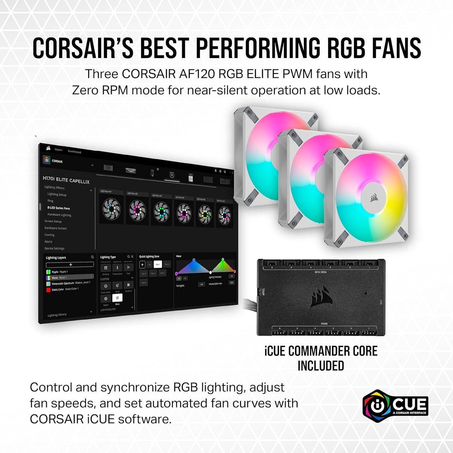 OPEN BOX Corsair iCUE H150i Elite CAPELLIX XT Desktop Liquid CPU Cooler - Three AF120 RGB Elite Fans - 360mm Radiator - Intel® LGA 1700, 1200, 115X, 2066, AMD® AM5, AM4 - Included iCUE Commander CORE