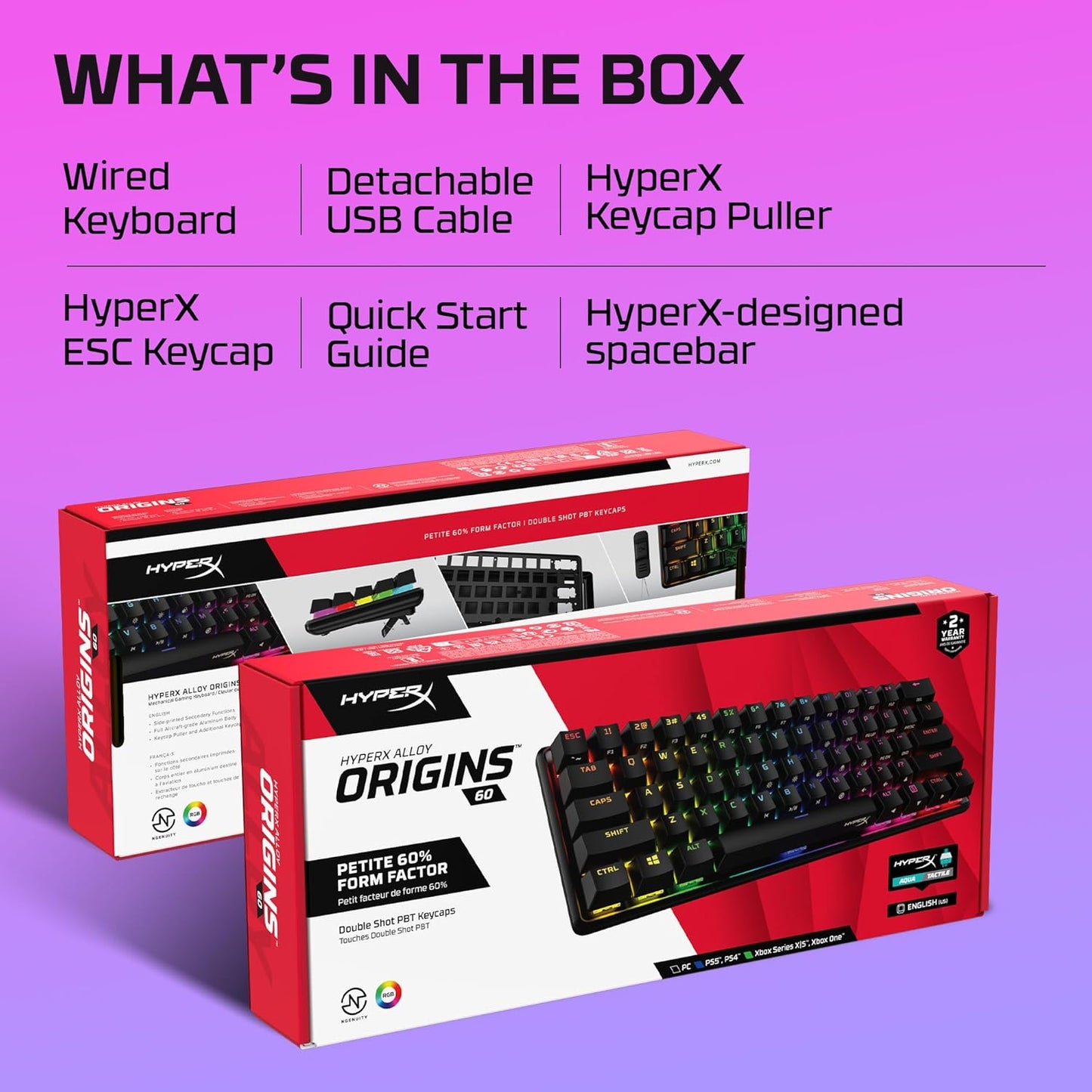 OPEN BOX HyperX Alloy Origins 60 - USB-C Mechanical Gaming Keyboard - Ultra Compact 60% Form Factor - (Aqua Switch) - Double Shot Pbt Keycaps - RGB Led Backlit - Ngenuity Software Compatible