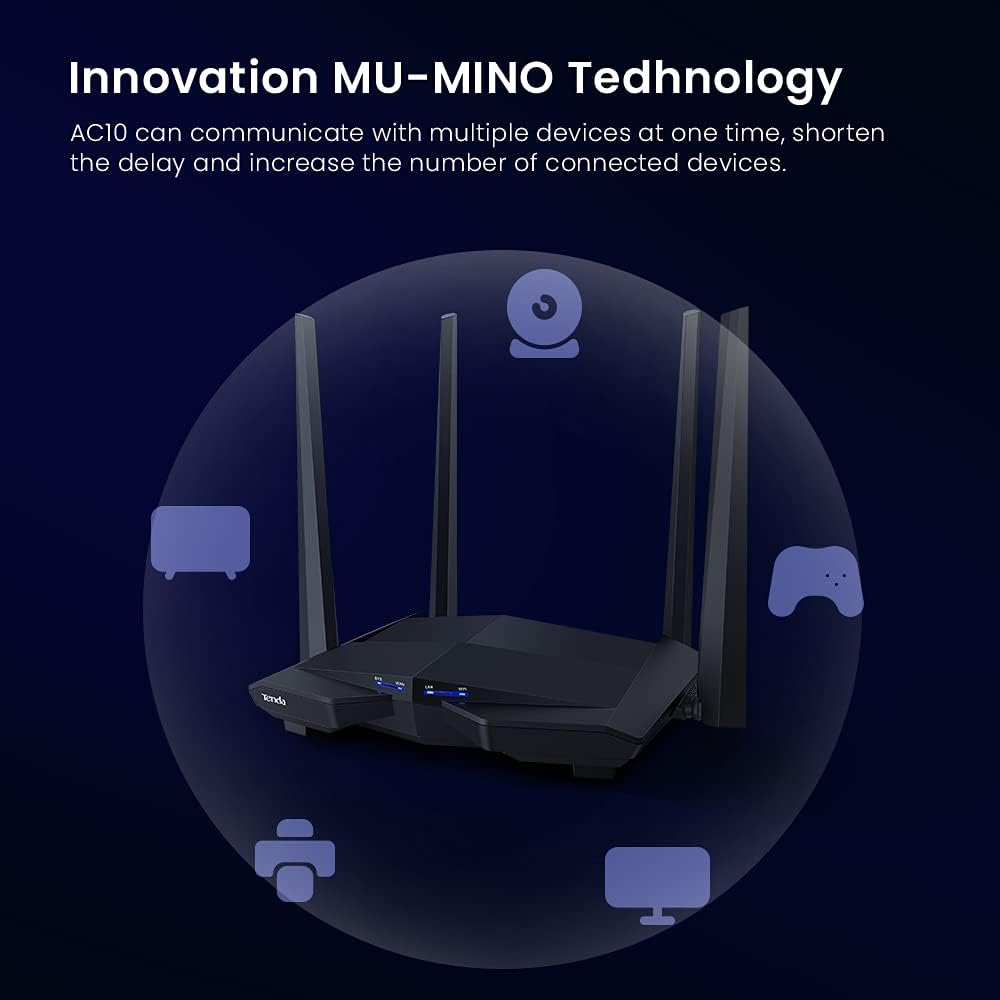 OPEN BOX Tenda AC10 AC1200 Wireless Smart Dual-Band Gigabit WiFi Router, MU-MIMO, 4 Gigabit Ports, 867Mbps/5 GHz+ 300Mbps /2.4GHz, Support VPN Server, WiFi Schedule, (Black, Not a Modem)