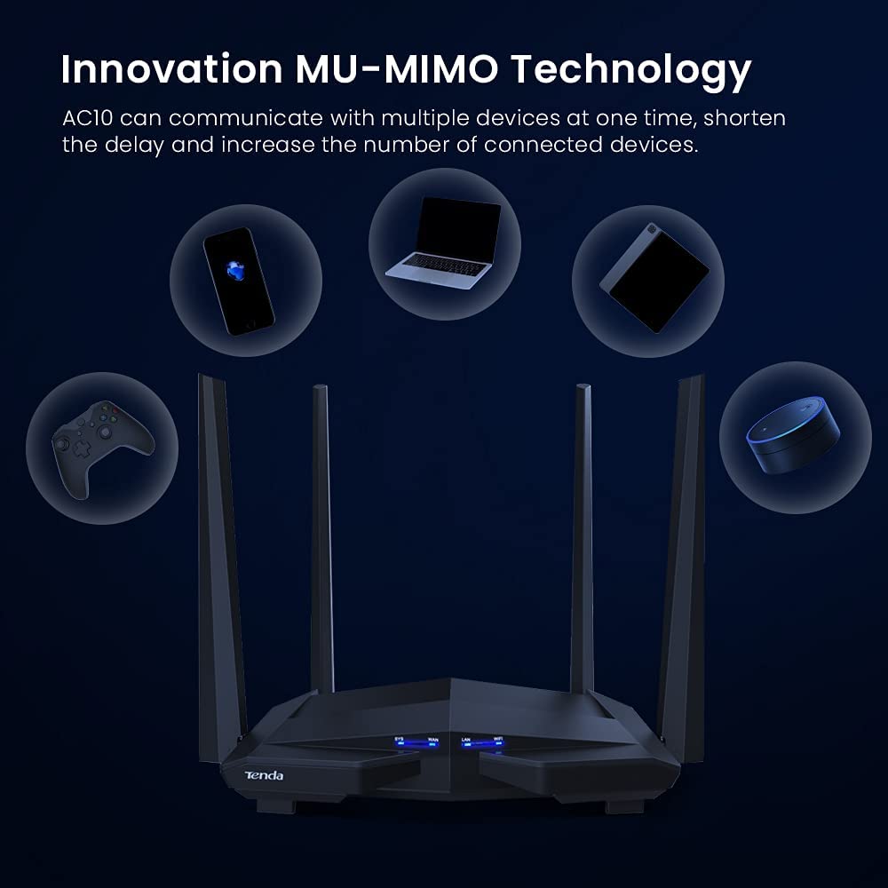 OPEN BOX Tenda AC10 AC1200 Wireless Smart Dual-Band Gigabit WiFi Router, MU-MIMO, 4 Gigabit Ports, 867Mbps/5 GHz+ 300Mbps /2.4GHz, Support VPN Server, WiFi Schedule, (Black, Not a Modem)