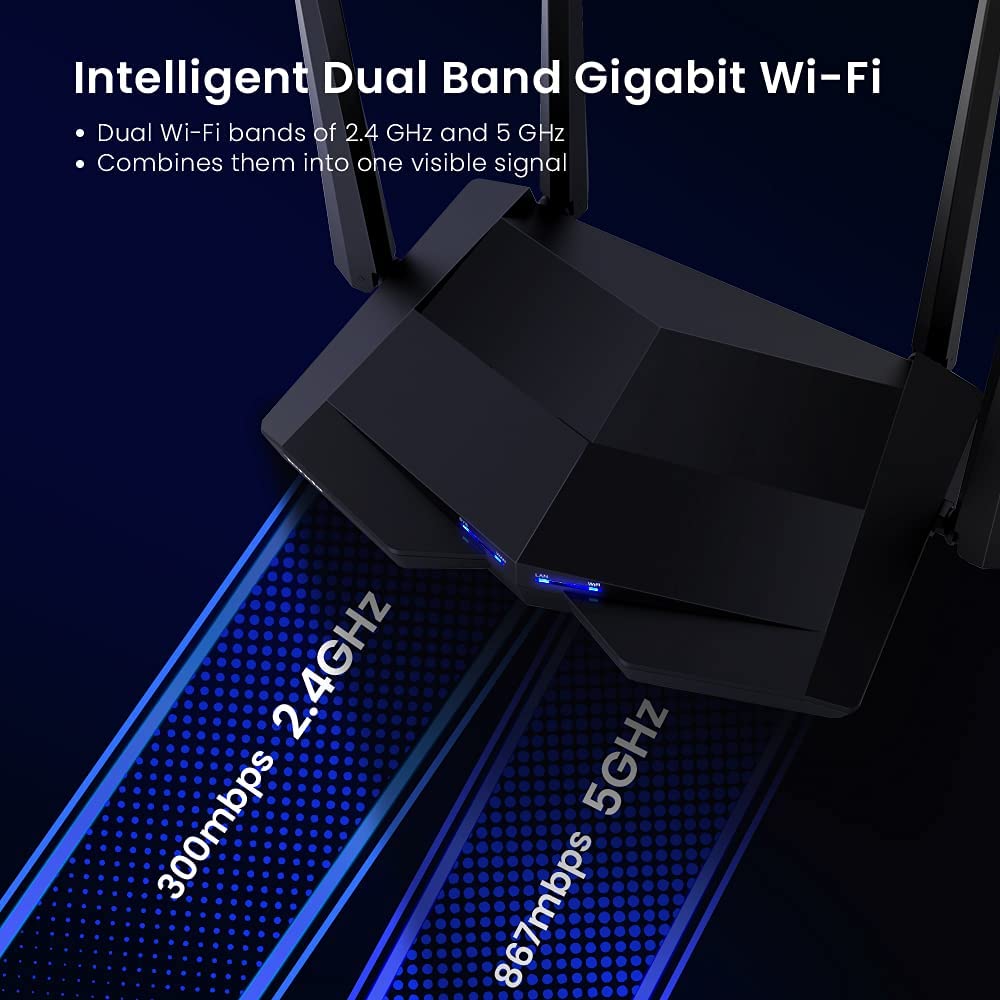 OPEN BOX Tenda AC10 AC1200 Wireless Smart Dual-Band Gigabit WiFi Router, MU-MIMO, 4 Gigabit Ports, 867Mbps/5 GHz+ 300Mbps /2.4GHz, Support VPN Server, WiFi Schedule, (Black, Not a Modem)