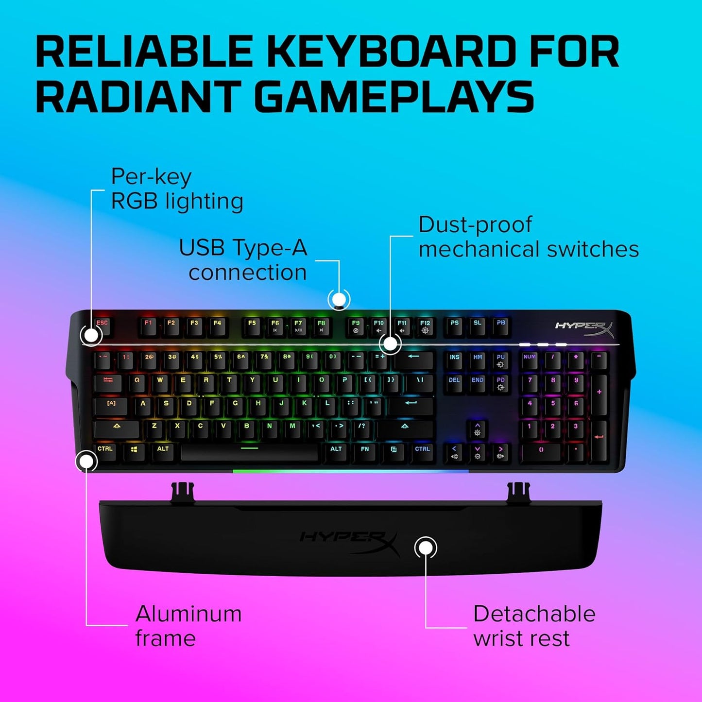 OPEN BOX HyperX Alloy Mkw100 Mechanical Gaming Keyboard, Dynamic RGB Lighting, Onboard Memory to Save Lighting Profiles, Dust-Proof Mechanical Switches