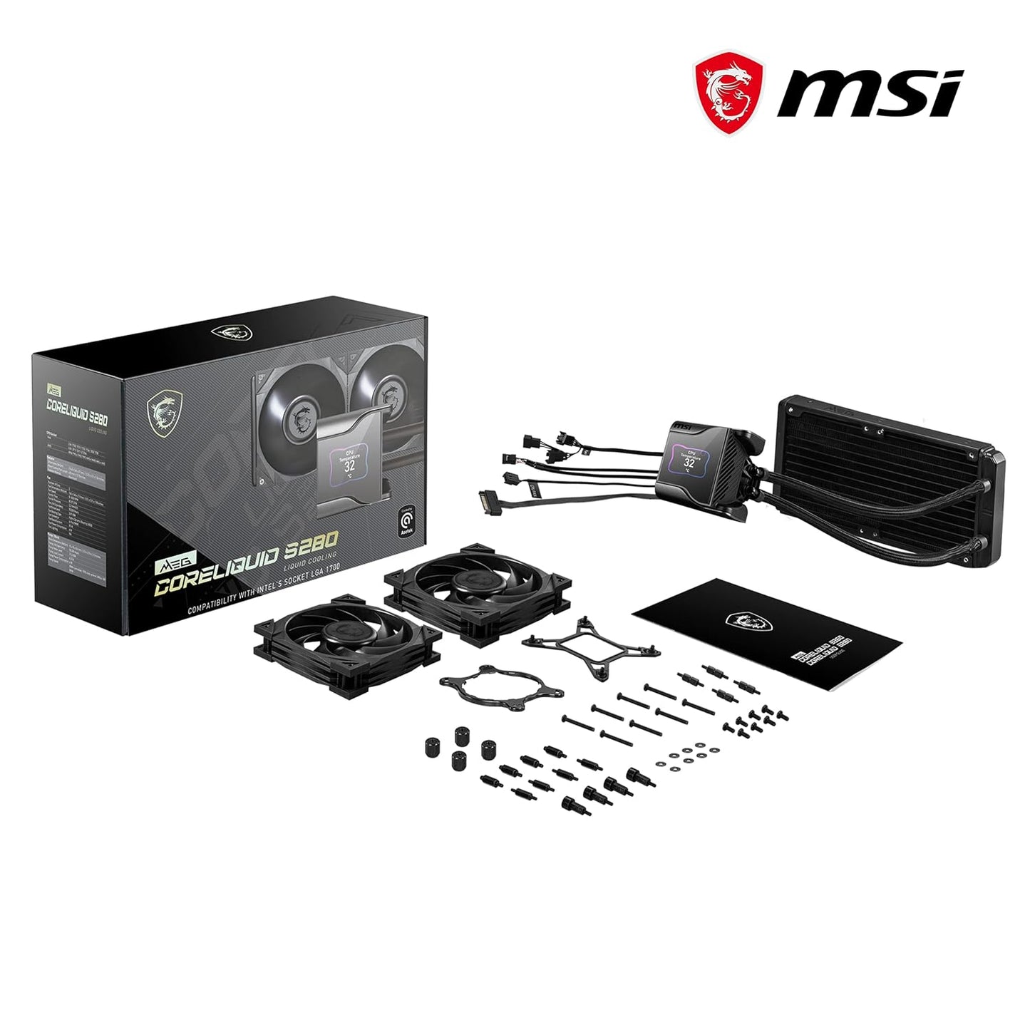 SEALED PACK MSI MEG CORELIQUID S280 Premium Liquid Cooler | AIO CPU Liquid Cooler | 280 Radiator | 2.4" IPS Display | 2 x 140mm Fans, Silent Fan | Asetek 7th Gen | Water Block Fan | LGA 1700 Compatibility