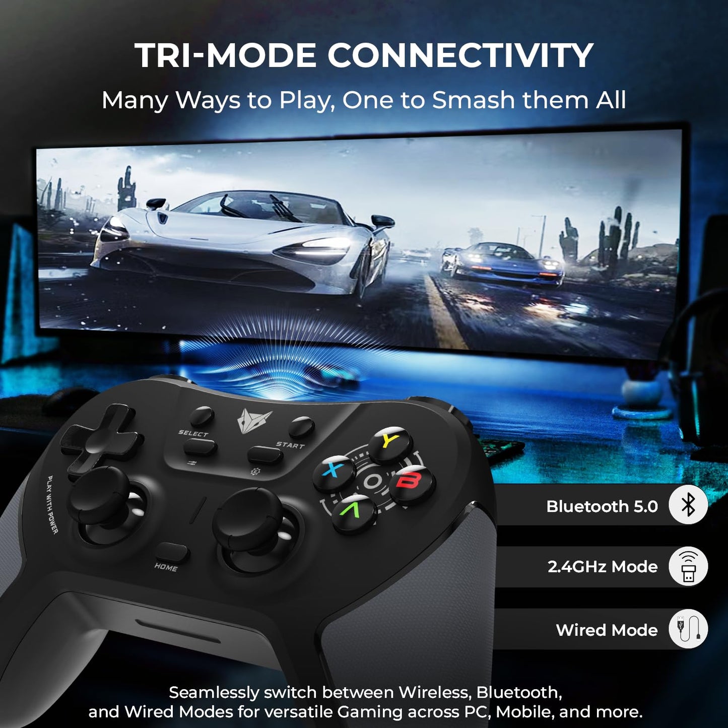 OPEN BOX EvoFox One S Universal 3-Mode Wireless Gaming Controler – HallSense™ Precision Joysticks, Bluetooth 5.0, 2.4GHz & Wired Connectivity, Macro & Precision Buttons, Fast Type-C Charging & Dual Vibration