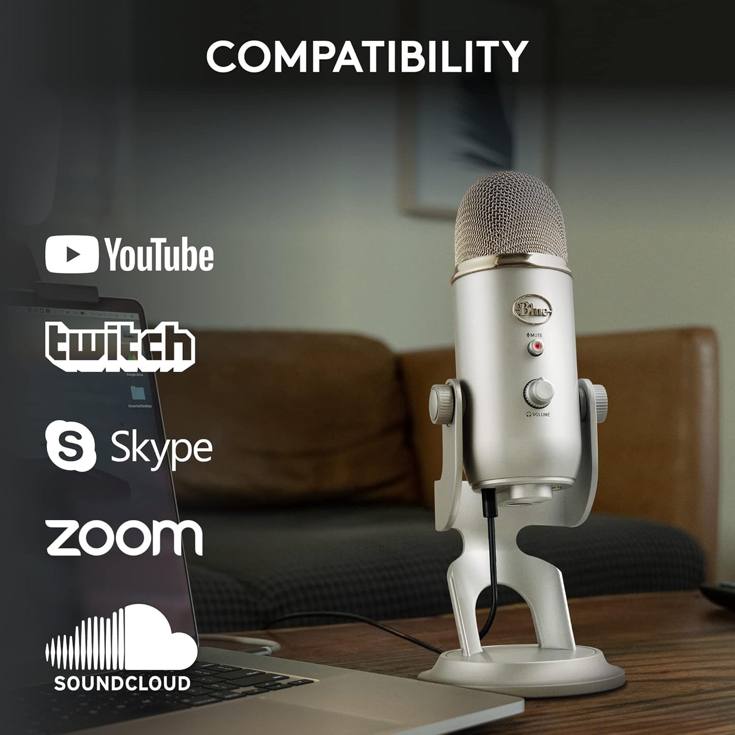 SEALED PACK Logitech Blue Yeti USB Microphone for Recording, Streaming, Gaming, Podcasting on PC and Mac, Condenser Mic for Laptop or Computer with Blue VO!CE Effects, Adjustable Stand, Plug and Play - Silver