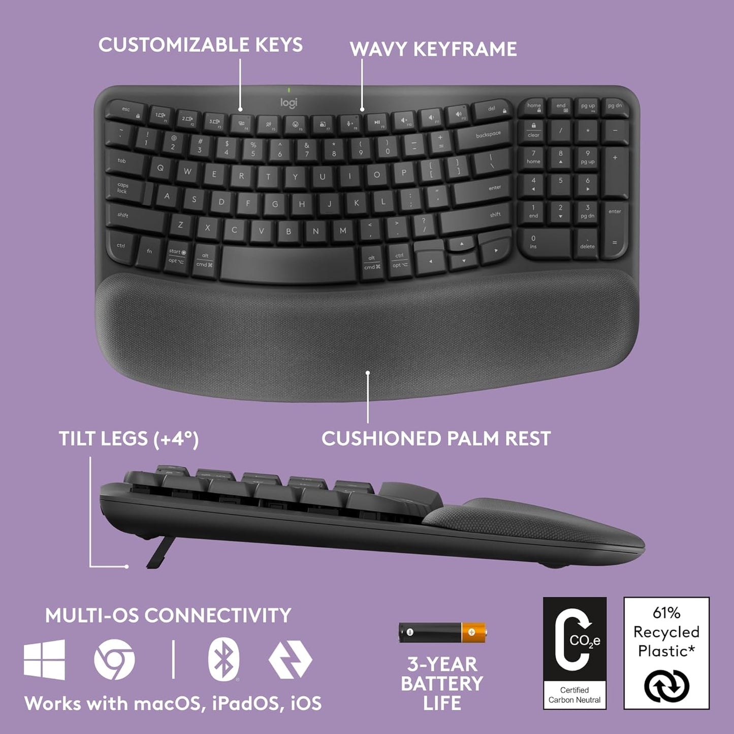 OPEN BOX Logitech Wave Keys Wireless Ergonomic Keyboard with Cushioned Palm Rest, Comfortable Natural Typing, Easy-Switch, Bluetooth, Logi Bolt Receiver, for Multi-OS, Windows/Mac - Graphite