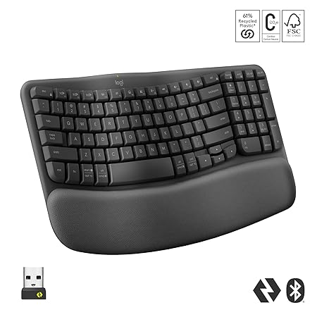 OPEN BOX Logitech Wave Keys Wireless Ergonomic Keyboard with Cushioned Palm Rest, Comfortable Natural Typing, Easy-Switch, Bluetooth, Logi Bolt Receiver, for Multi-OS, Windows/Mac - Graphite