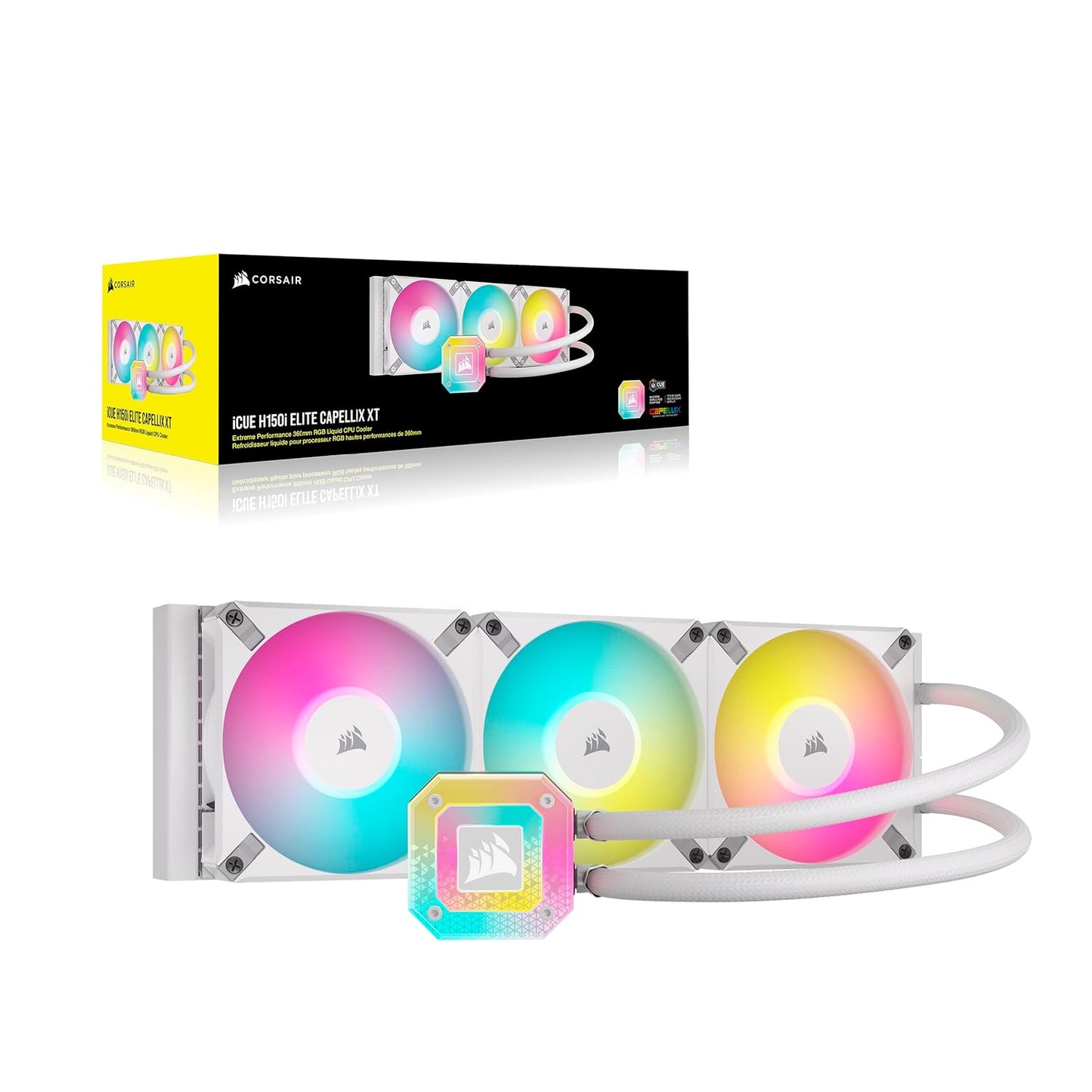 OPEN BOX Corsair iCUE H150i Elite CAPELLIX XT Desktop Liquid CPU Cooler - Three AF120 RGB Elite Fans - 360mm Radiator - Intel® LGA 1700, 1200, 115X, 2066, AMD® AM5, AM4 - Included iCUE Commander CORE