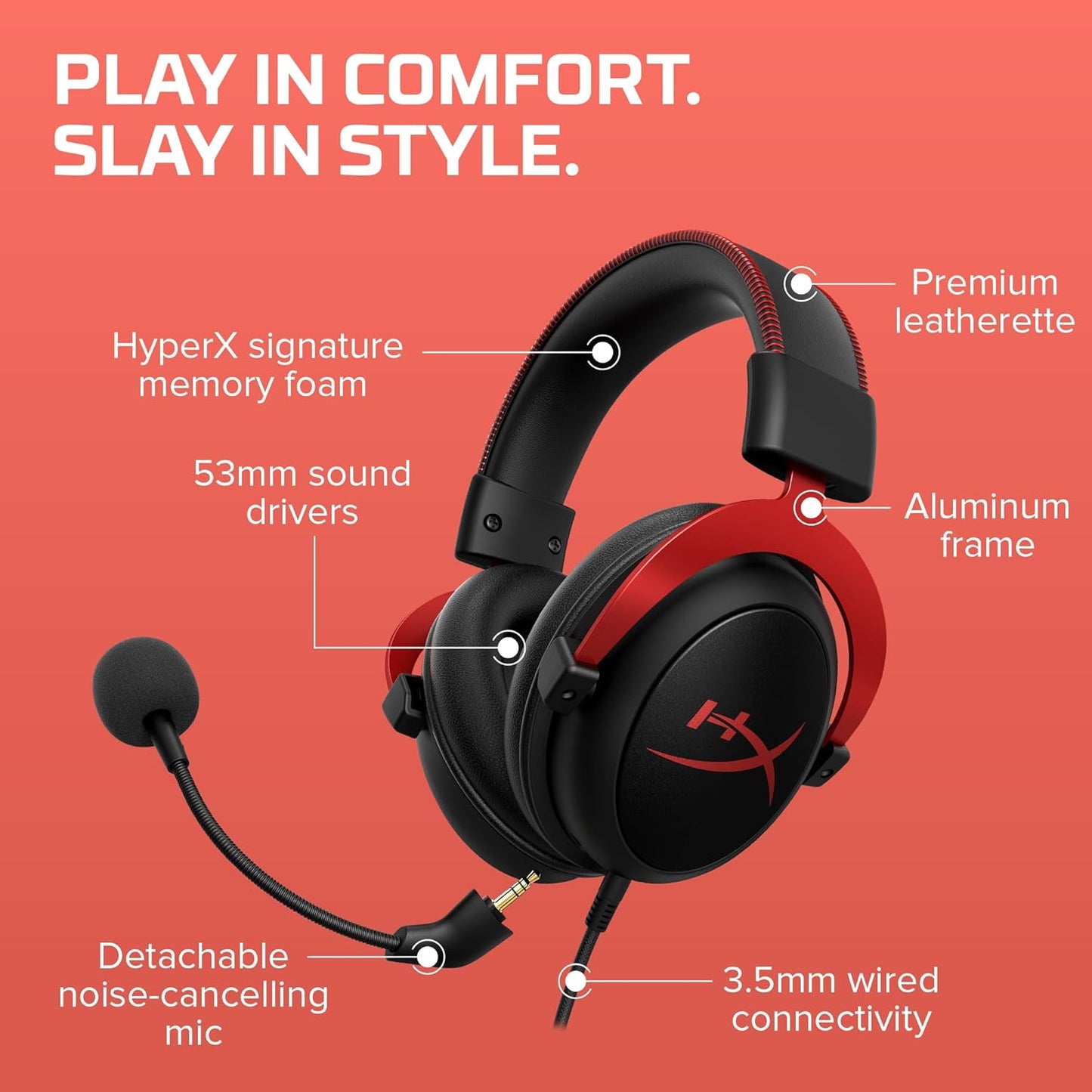 OPEN BOX HyperX Cloud II – Wired Gaming Headset for PC, PS5 / PS4. Active Noise Cancellation, Over Ear, circumaural, Closed Back, HyperX Virtual 7.1 Surround Sound - Black-Red