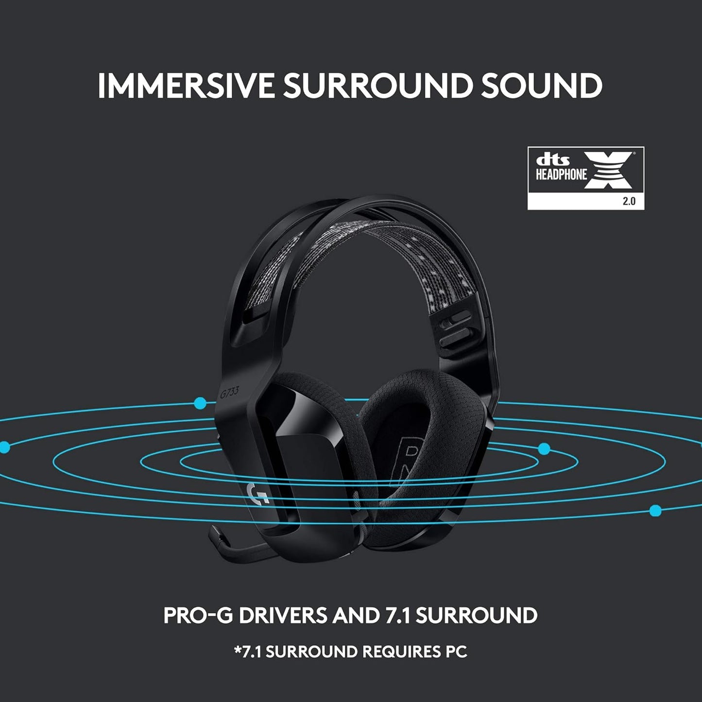 OPEN BOX Logitech G 733 Lightspeed Over Ear Wireless Gaming Headset with Suspension Headband, LIGHTSYNC RGB, Blue VO!CE Mic Technology and PRO-G Audio Drivers