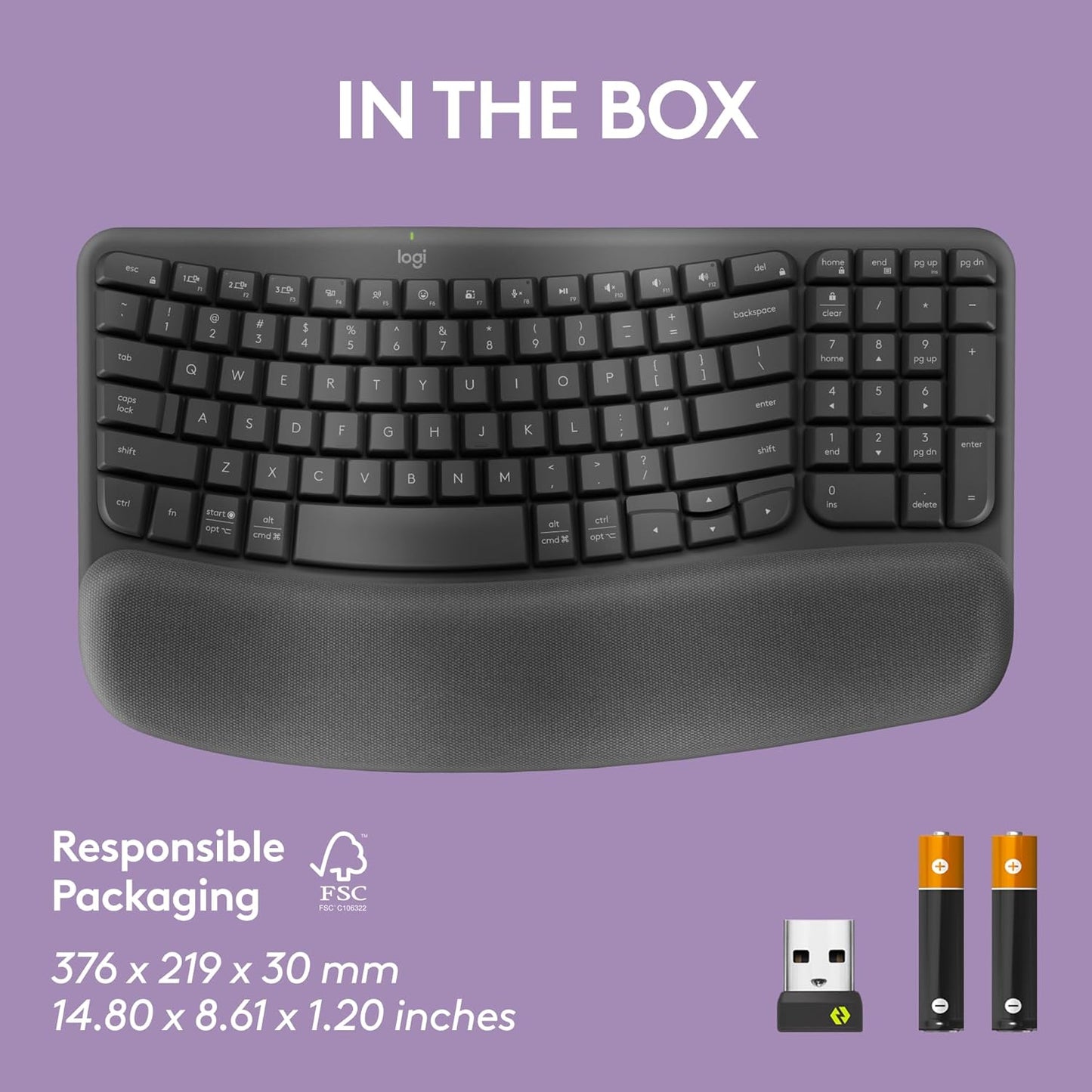 OPEN BOX Logitech Wave Keys Wireless Ergonomic Keyboard with Cushioned Palm Rest, Comfortable Natural Typing, Easy-Switch, Bluetooth, Logi Bolt Receiver, for Multi-OS, Windows/Mac - Graphite