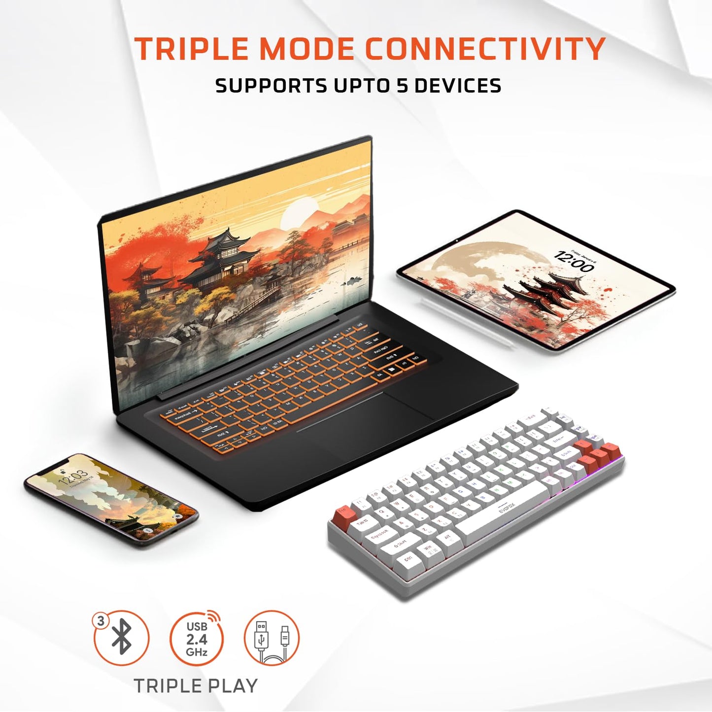 OPEN BOX EvoFox Katana S Mini Wireless Mechanical Keyboard | Tri-Mode (3X BT, 2.4GHz & Wired) Connectivity | Hot-Swappable Red Switches | 68-Key Compact Layout | Rainbow Backlight | Rechargeable Battery
