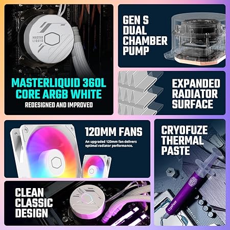 OPEN BOX Cooler Master ML360L Core ARGB CPU Liquid Cooler - White | Support Intel & AMD Processor - LGA1700, LGA1200, LGA1151, AM5, AM4 | Gen S Dual Chamber Pump | 360mm AIO | New Pressure Optimised Fans