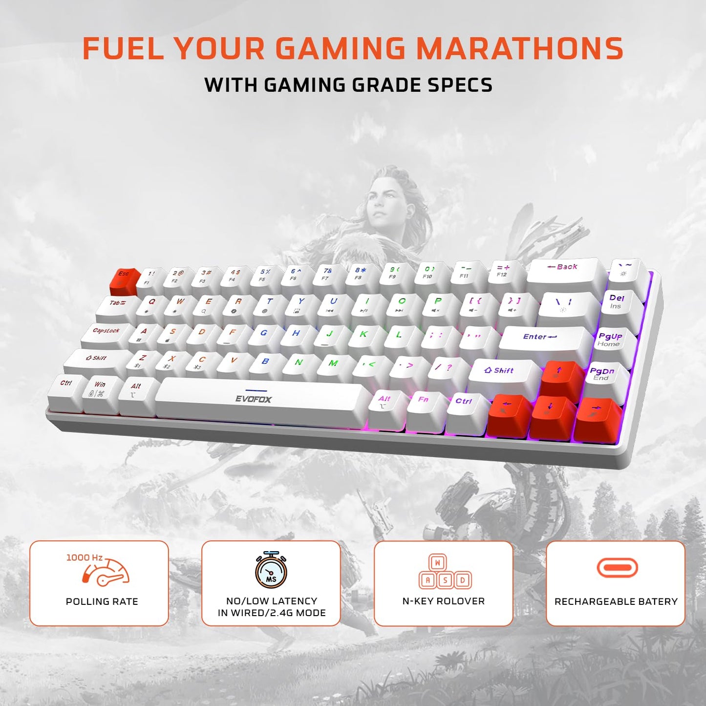 OPEN BOX EvoFox Katana S Mini Wireless Mechanical Keyboard | Tri-Mode (3X BT, 2.4GHz & Wired) Connectivity | Hot-Swappable Red Switches | 68-Key Compact Layout | Rainbow Backlight | Rechargeable Battery