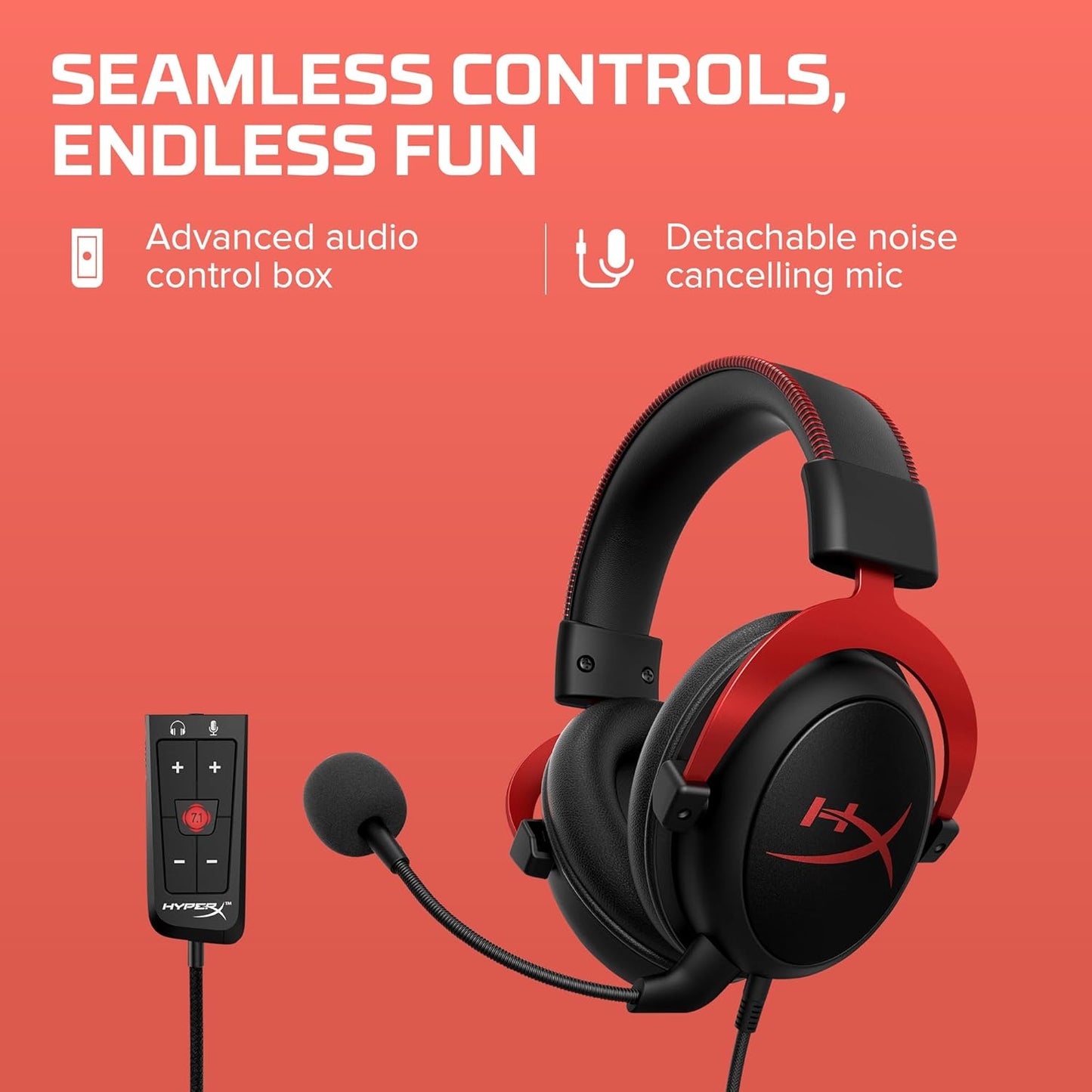 OPEN BOX HyperX Cloud II – Wired Gaming Headset for PC, PS5 / PS4. Active Noise Cancellation, Over Ear, circumaural, Closed Back, HyperX Virtual 7.1 Surround Sound - Black-Red