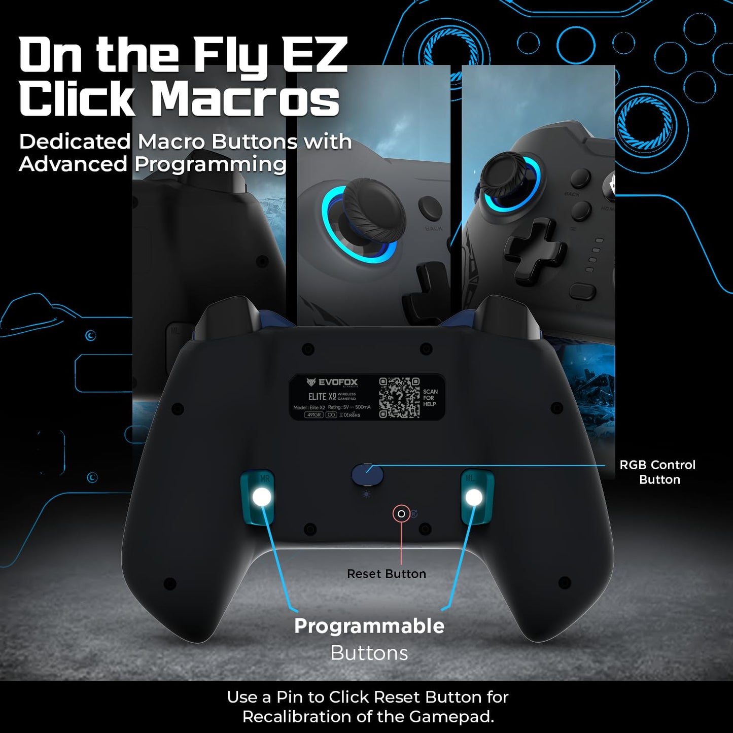 OPEN BOX EvoFox Elite X2 Wireless Gaming Controller For PC with 1000Hz Polling Rate, Dual-Mode (2.4G & Type C), Hallsense™ Magnetic Hall 3D Joysticks & Triggers, EZ Click Macros, Dual Vibration Motors(Blue)