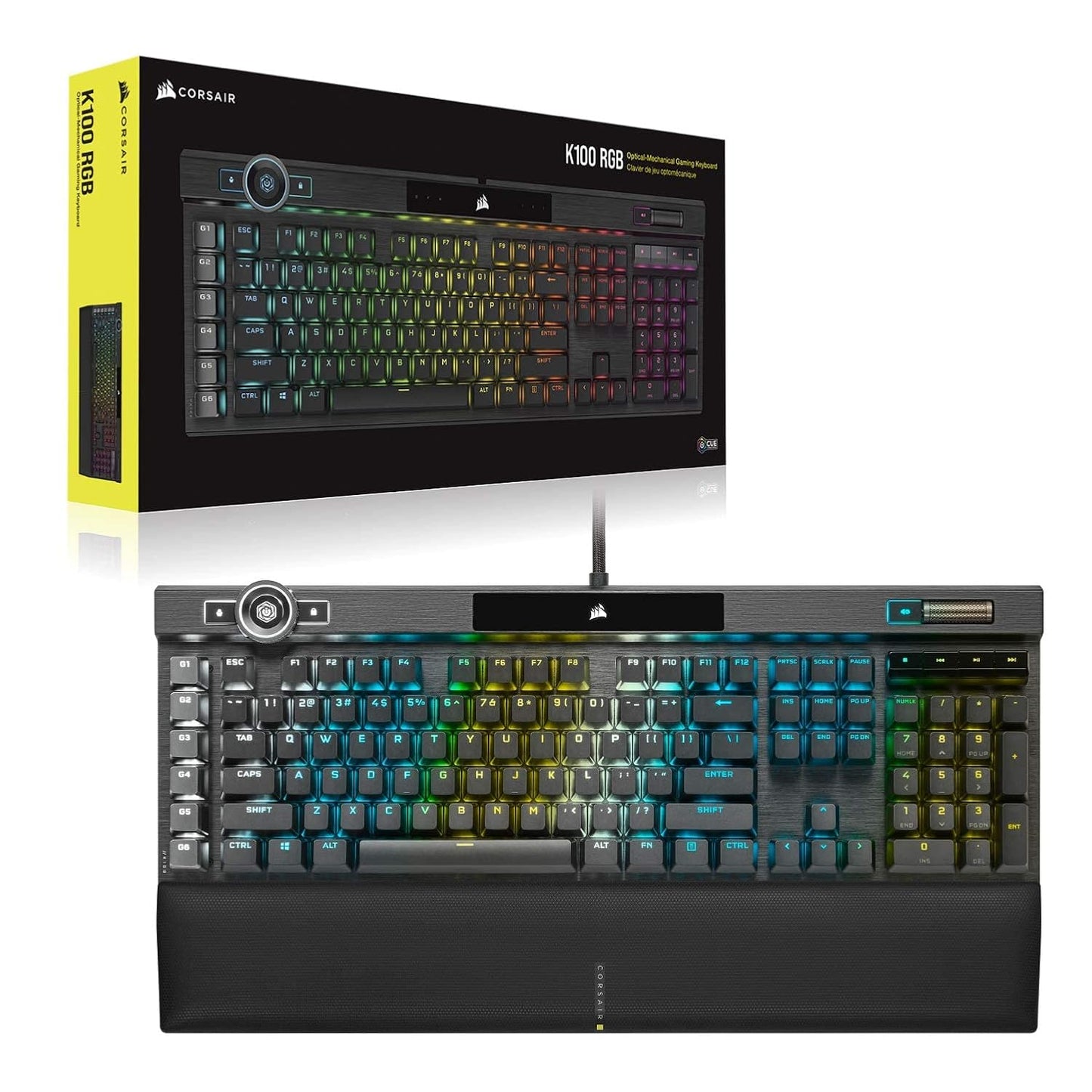 OPEN BOX Corsair K100 RGB Optical-Mechanical USB Gaming Keyboard with OPX RGB Optical-Mechanical Key Switches and AXON Hyper Processing Technology for 4X Faster and 44-Zone RGB Light Edge (Black)