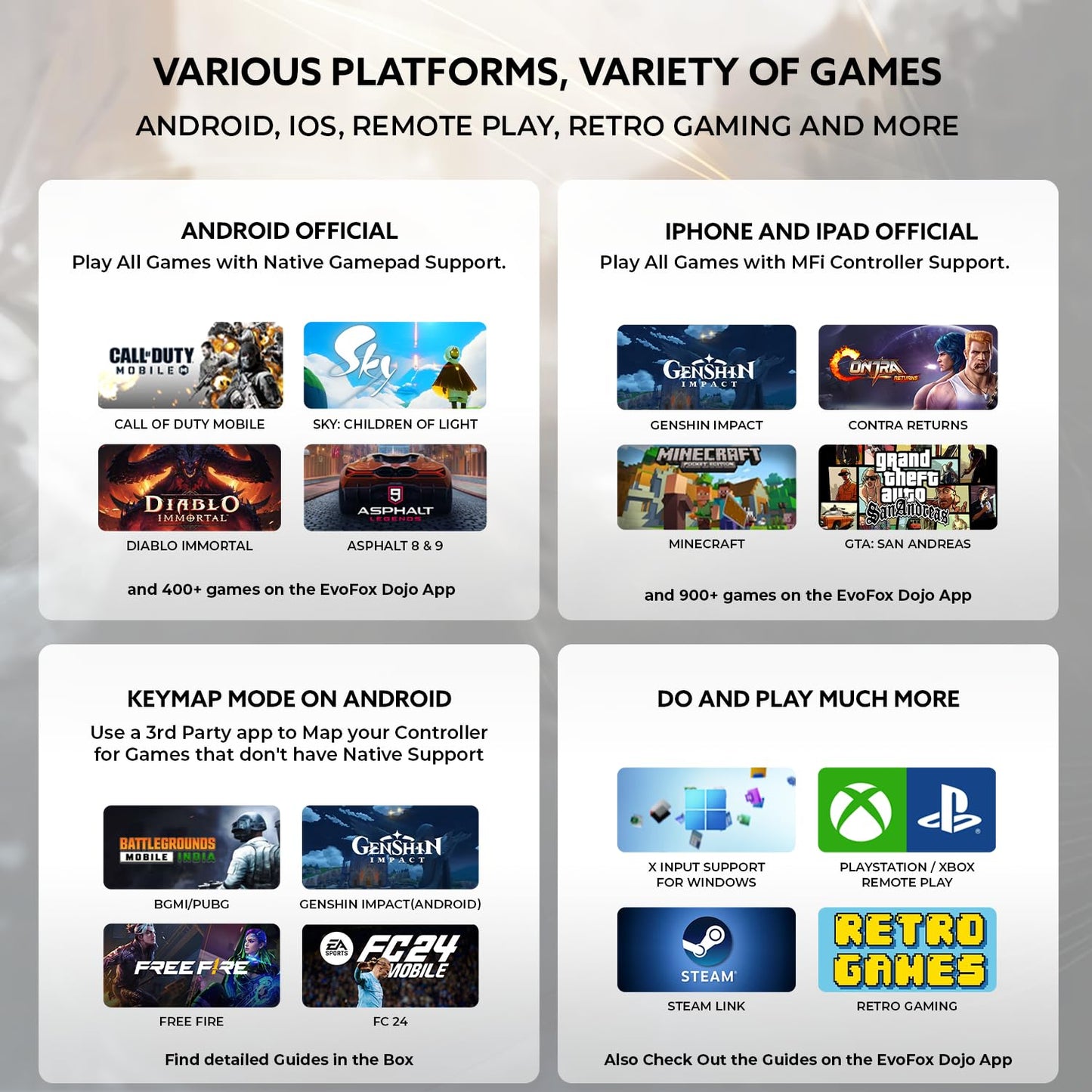 OPEN BOX EvoFox Deck Smartphone Gamepad with iPhone/Android, XBOX, HID & Keymap mode for Android | Bluetooth v5.0 | Dual Vibration motors | Magnetic Hall 3D Joysticks | RGB Lighting and Backlit Controls