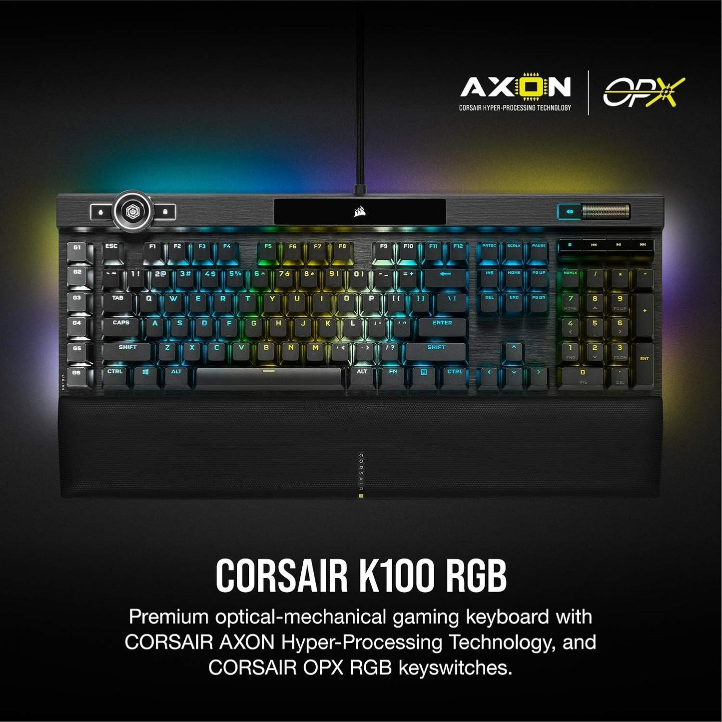 OPEN BOX Corsair K100 RGB Optical-Mechanical USB Gaming Keyboard with OPX RGB Optical-Mechanical Key Switches and AXON Hyper Processing Technology for 4X Faster and 44-Zone RGB Light Edge (Black)
