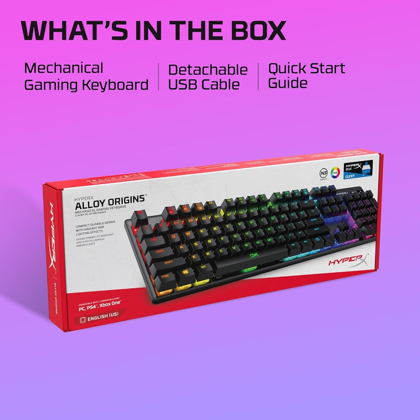 OPEN BOX HyperX Alloy Origins Mechanical USB Gaming Keyboard Software-Controlled Light and Macro Customization, Compact Form Factor, Clicky Switch, Blue, RGB LED Backlit, Black