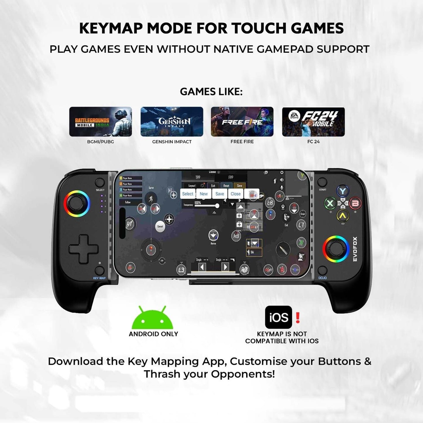 OPEN BOX EvoFox Deck Smartphone Gamepad with iPhone/Android, XBOX, HID & Keymap mode for Android | Bluetooth v5.0 | Dual Vibration motors | Magnetic Hall 3D Joysticks | RGB Lighting and Backlit Controls