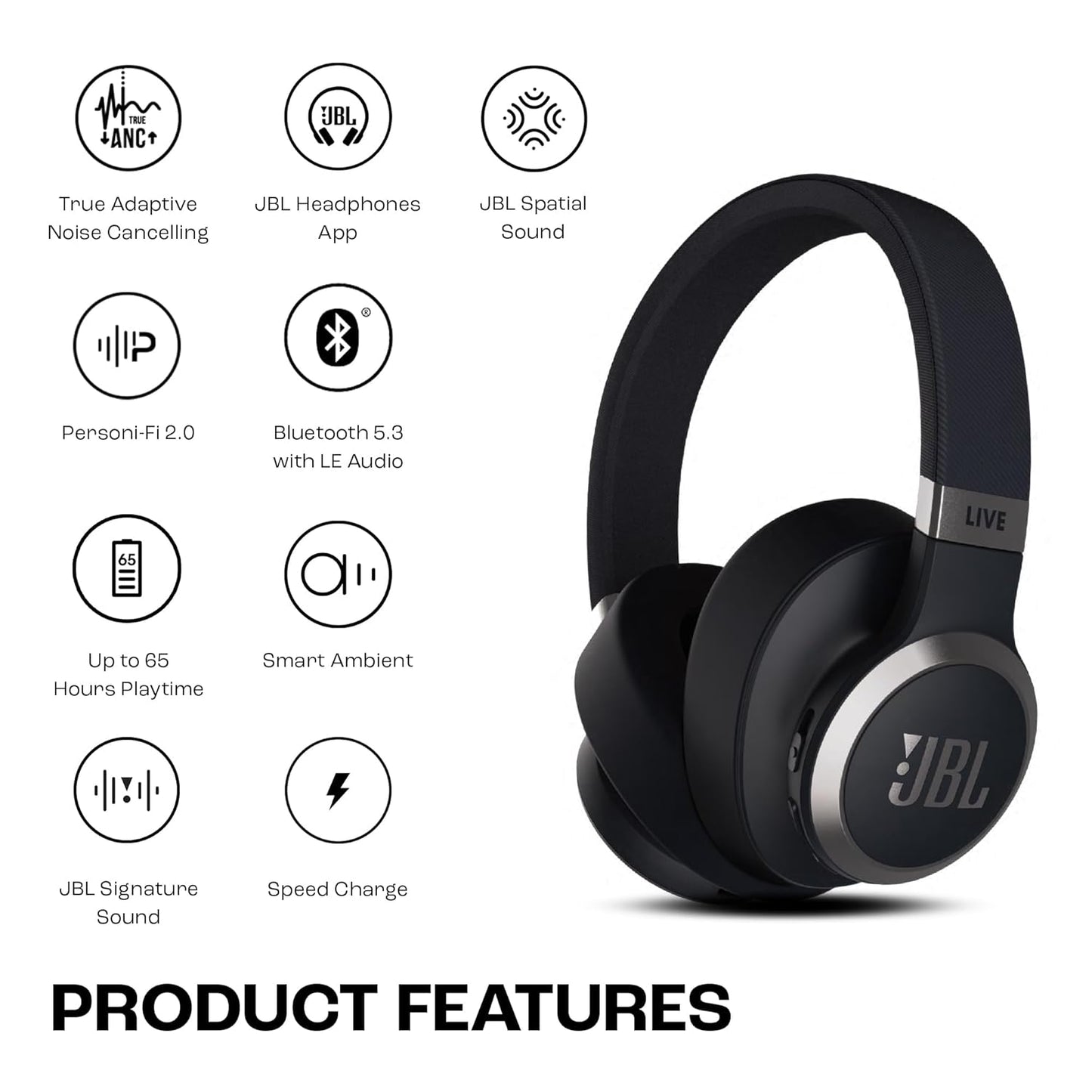 SEALED PACK JBL Live 770NC True Adaptive Noise Cancellation Headphones Wireless Over Ear, Spatial Sound, 65Hrs Playtime, Speed Charge, Multipoint Connect and Personi-Fi 2.0, BT 5.3, Google Fast Pair, Alexa