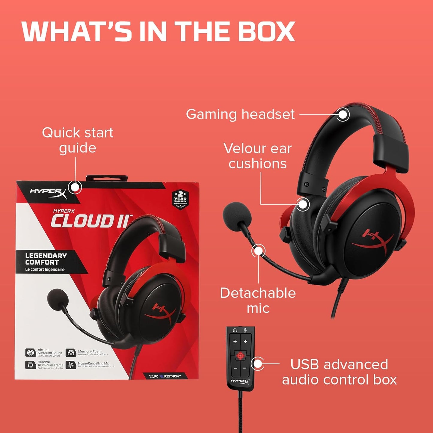 OPEN BOX HyperX Cloud II – Wired Gaming Headset for PC, PS5 / PS4. Active Noise Cancellation, Over Ear, circumaural, Closed Back, HyperX Virtual 7.1 Surround Sound - Black-Red