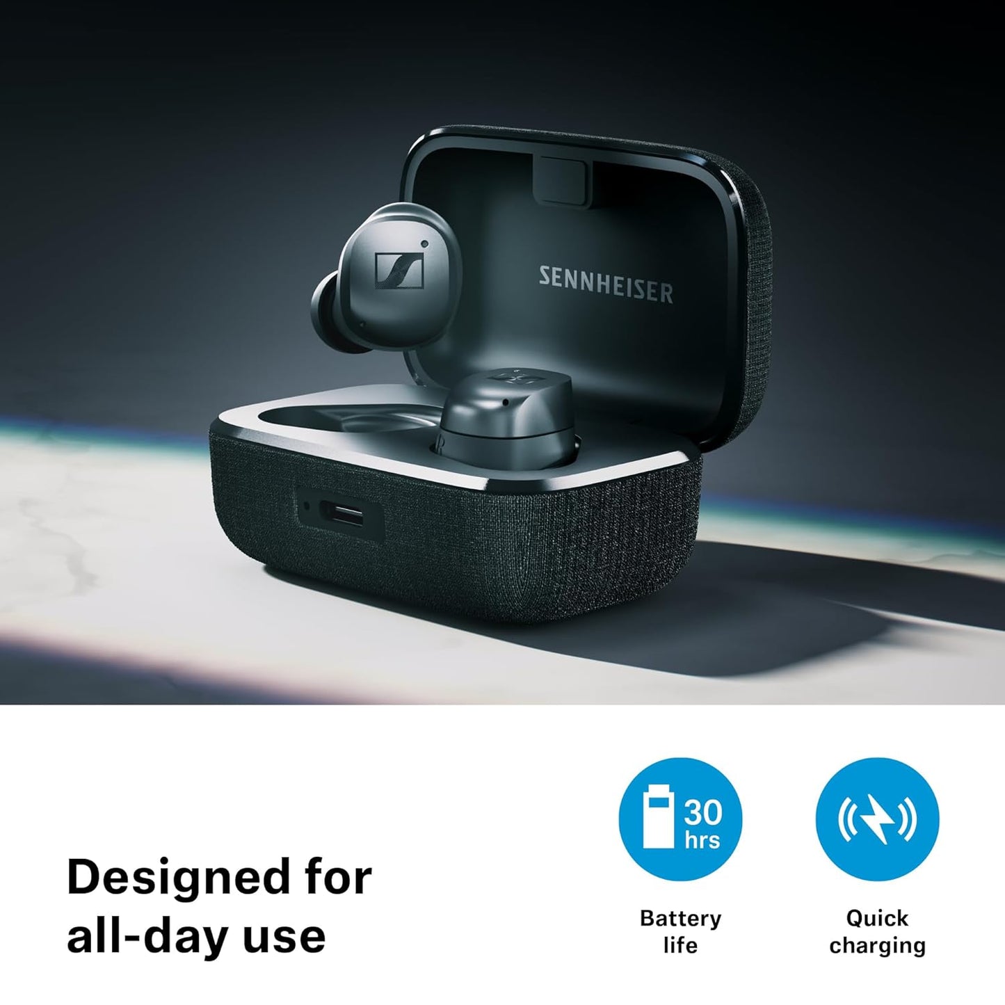 OPEN BOX Sennheiser MOMENTUM True Wireless 4 Earbuds,TrueResponse Drivers, Lossless Audio, Auracast, Adaptive ANC, Anti‑Wind+Transparency Modes, 30 Hrs Battery, Qi Fast Charge,6‑Mics,2Y Warranty, Black-Graphite