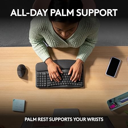 OPEN BOX Logitech Wave Keys Wireless Ergonomic Keyboard with Cushioned Palm Rest, Comfortable Natural Typing, Easy-Switch, Bluetooth, Logi Bolt Receiver, for Multi-OS, Windows/Mac - Graphite