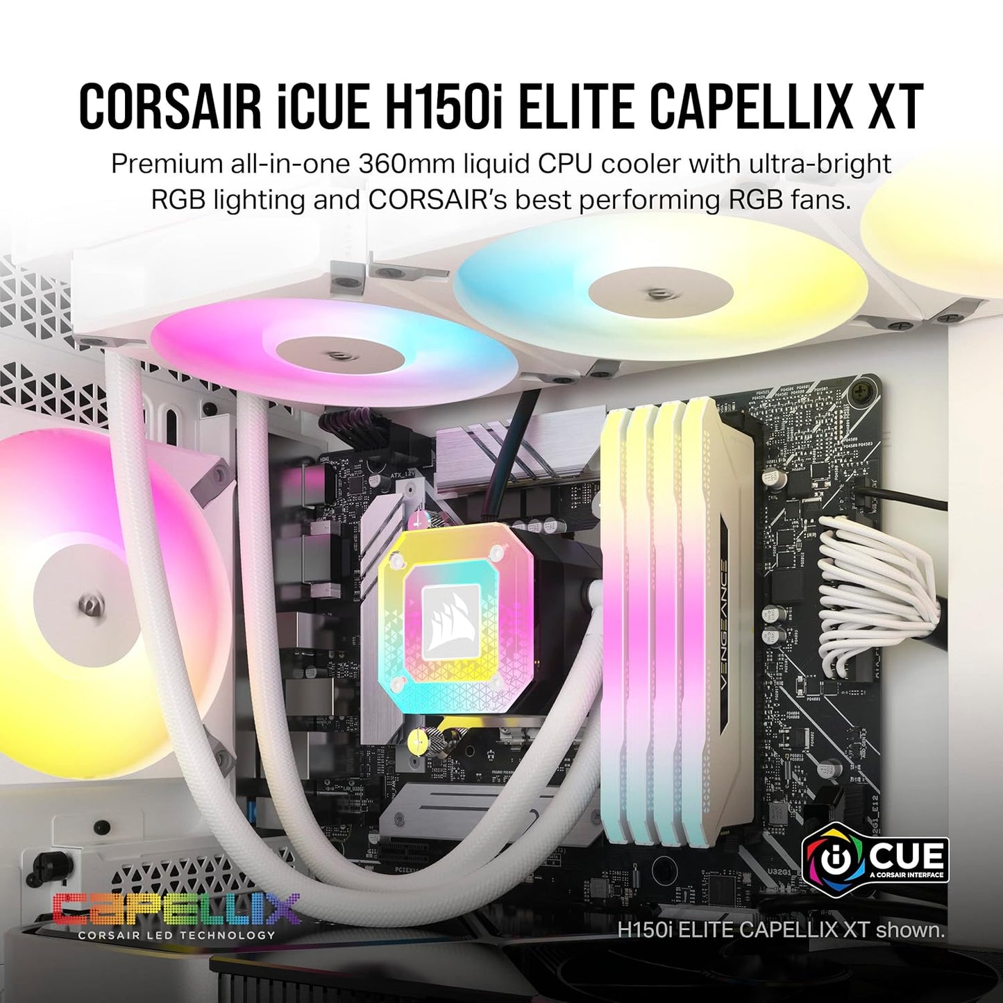 OPEN BOX Corsair iCUE H150i Elite CAPELLIX XT Desktop Liquid CPU Cooler - Three AF120 RGB Elite Fans - 360mm Radiator - Intel® LGA 1700, 1200, 115X, 2066, AMD® AM5, AM4 - Included iCUE Commander CORE